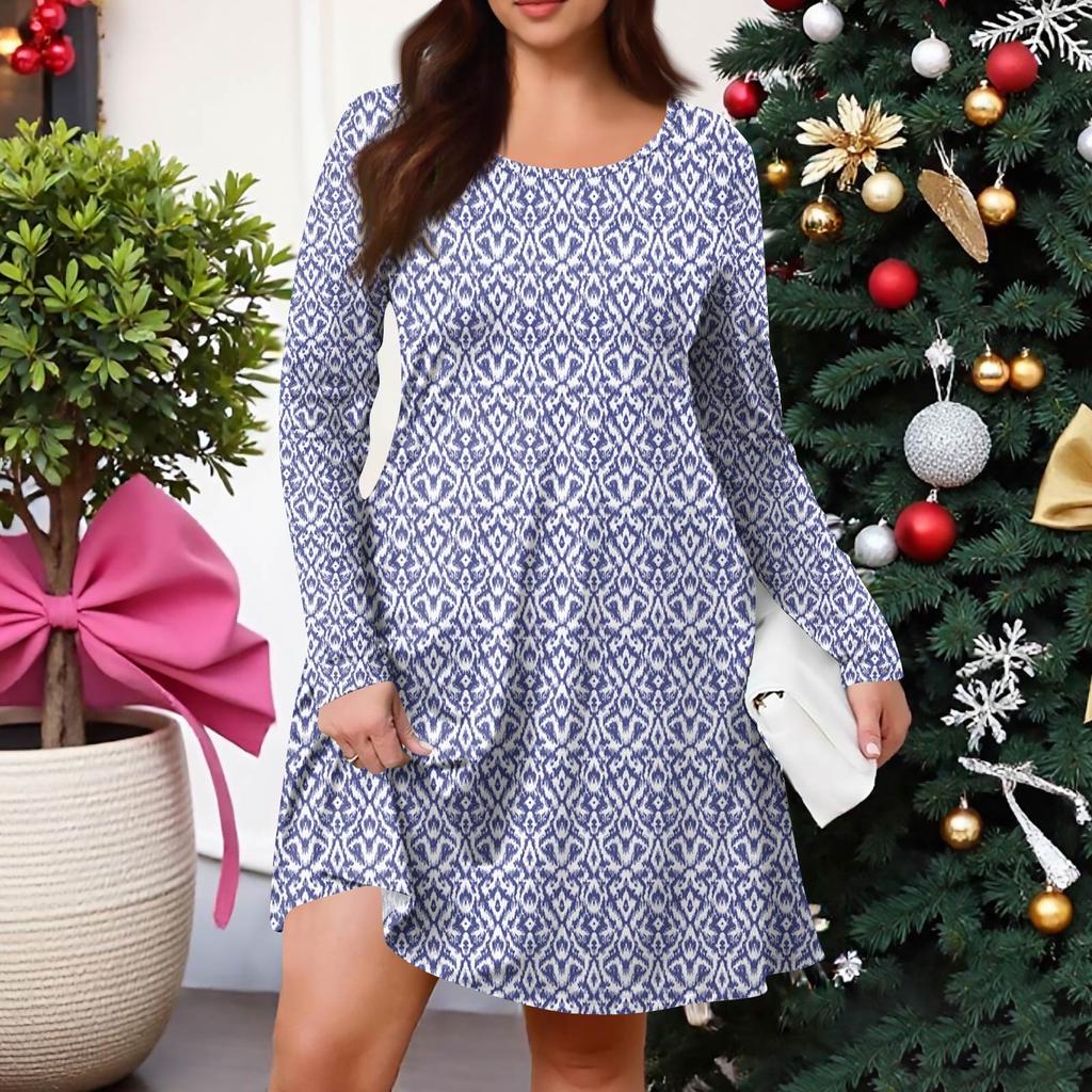 Plus Size Women's Gradient Print Casual Spring/Autumn Pocket Round Neck Long Sleeve Dress