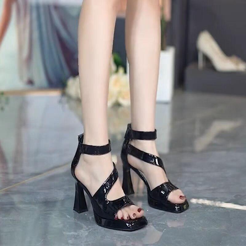 Fashion Ladies' Sexy Temperament Thick High Heels Shoes Fashionable Bags Zippered Women Shoes Comfortable Breathable Square Sandal