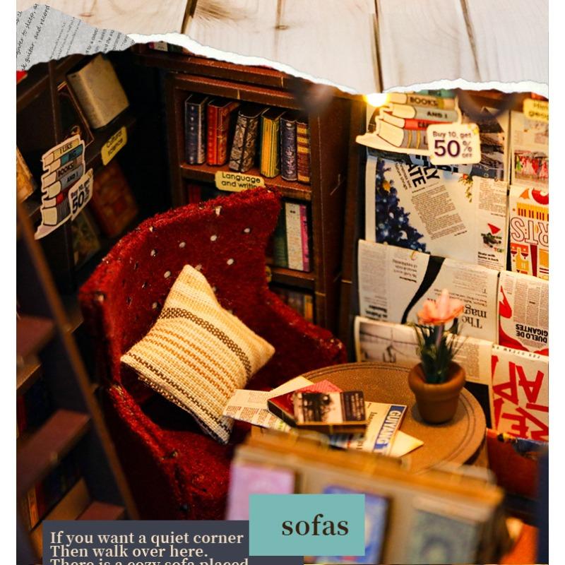 DIY Cottage Bookstore Book Stand Buckle Stitching Wooden Doll House Creative House Gift Exquisite Music Box 14+ Gifts