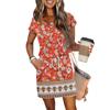 Women's Summer V-Neck Casual Short Sleeve Drawstring With Pocket Vintage Floral Dresses