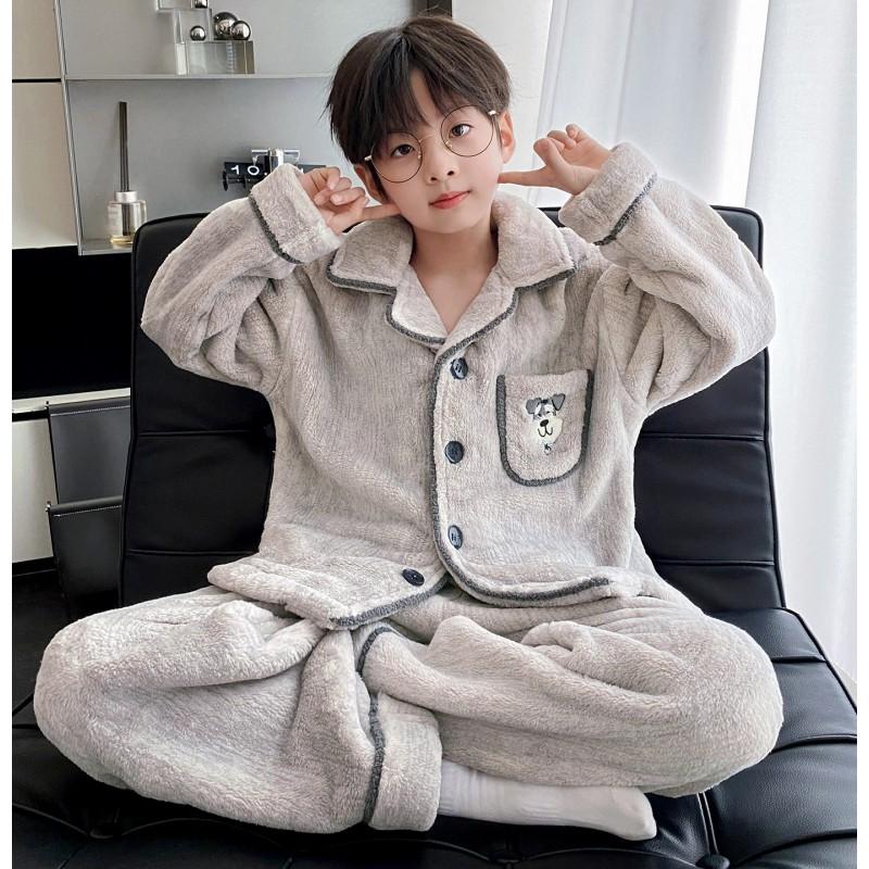Boys Warm Coral Fleece Pajama Set Long Sleeve Thickened Home Wear Kids Winter