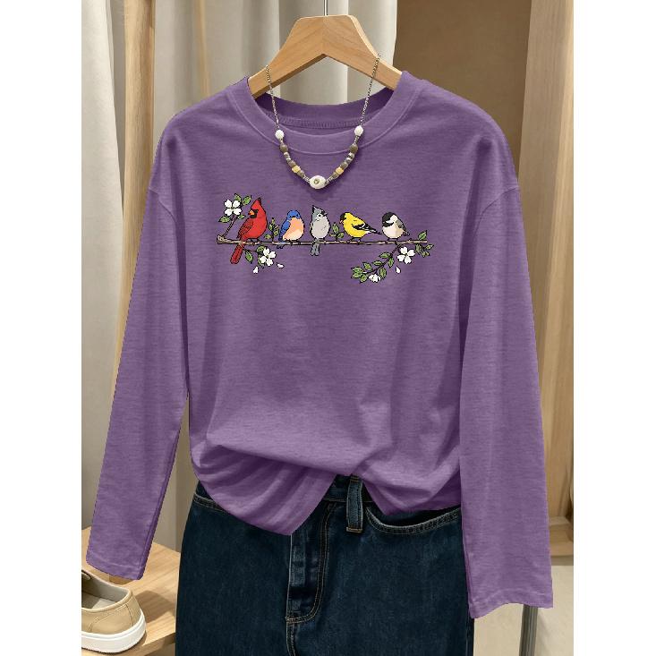 Colorful floral and bird patterns, fresh cartoon hand-drawn designs, fashionable and elegant women's casual sports-style top for spring, autumn, and