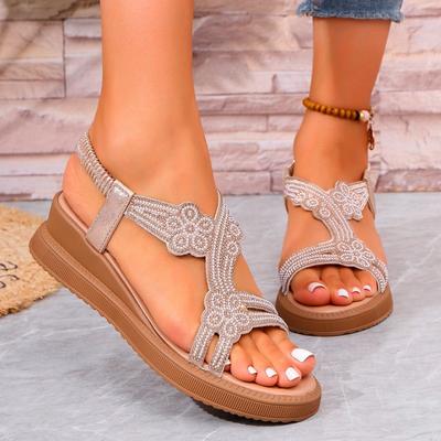 2025 Женская обувь Лето Новые Богемия Клинья Женские сандалии Стразы Шлепанцы Винтаж