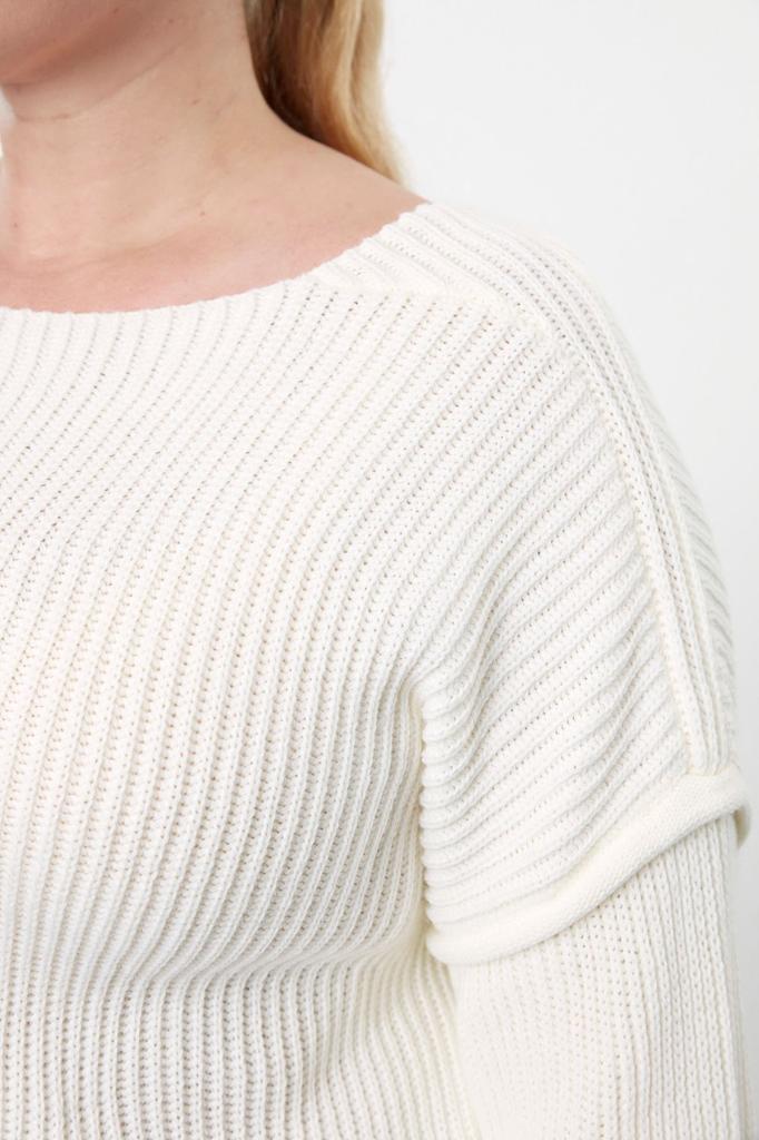 Женский модный стильный свитер больших размеров, красный вязаный свитер с вырезом лодочкой и детальной строчкой