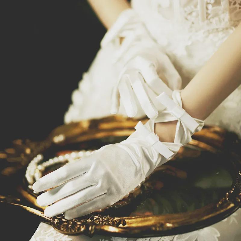 Hepburn Style Lace Bridal Gloves with Red and White Bow
