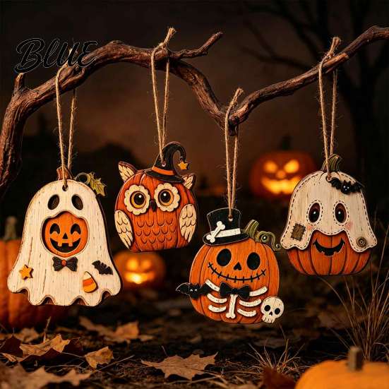 Kids Halloween Room Decor Vintage Wooden Hanging Ornaments Rustic Pumpkin Owl Ghost Farmhouse Eco Friendly Wood Decorations Tree Decoration with Rope