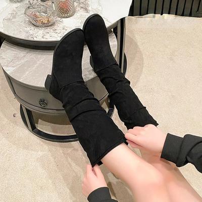 2024 Брендовая женская обувь Современные женские сапоги Большие размеры Сапоги до колена Женские плиссированные туфли с круглым носком на низком каблуке