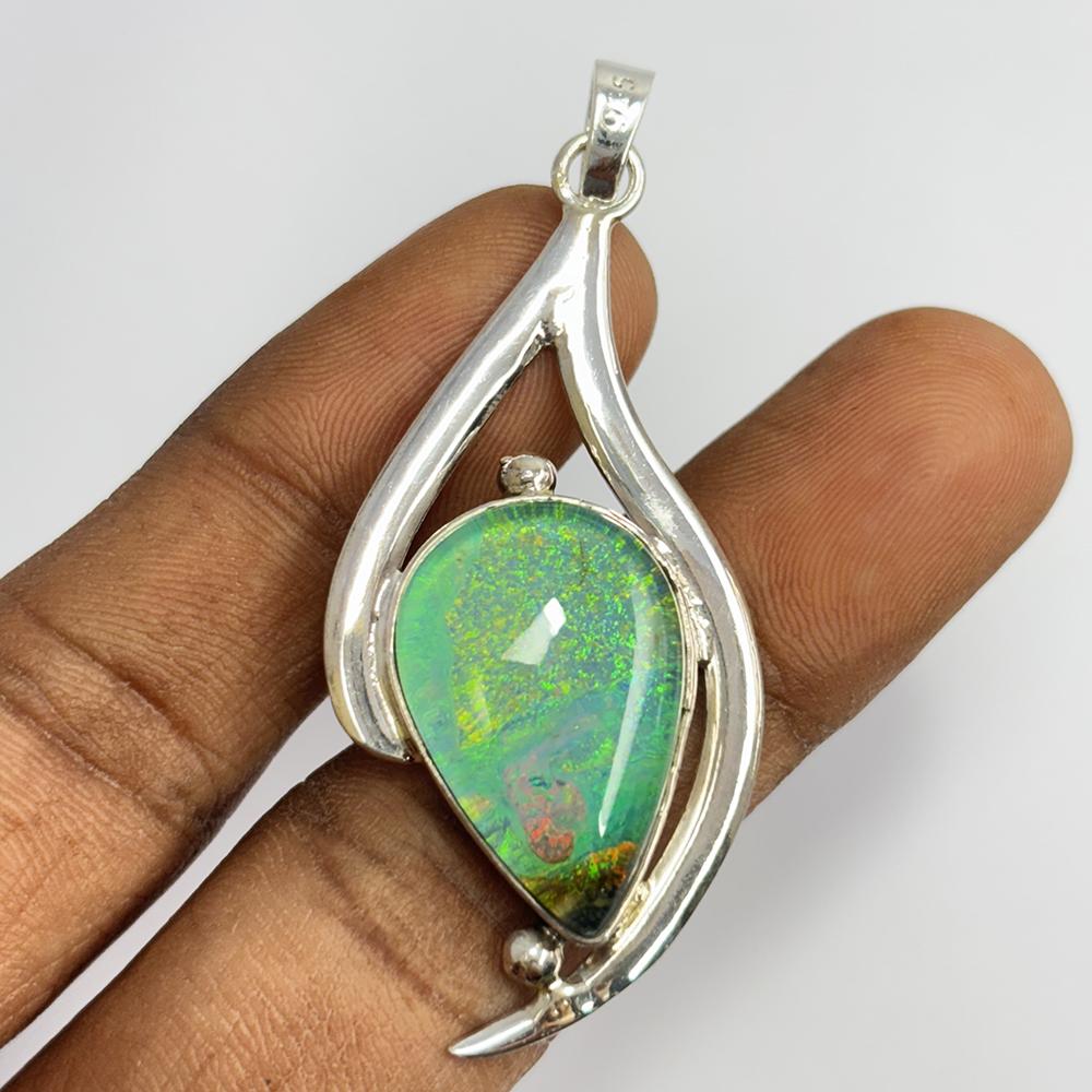 925 Sterling Silver CERTIFIED 39 Ct Natural Opal Pear Pendant For Birthday Gift