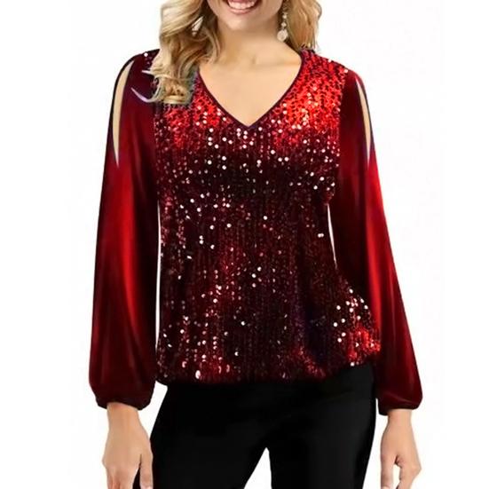 Осень-весна женский топ с длинным рукавом-фонариком и блестками свободный лоскутный пуловер с v-образным вырезом мягкая дышащая женская однотонная блузка