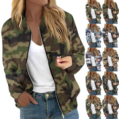 Женская куртка с длинным рукавом на молнии с камуфляжным принтом, повседневная стеганая куртка с карманами