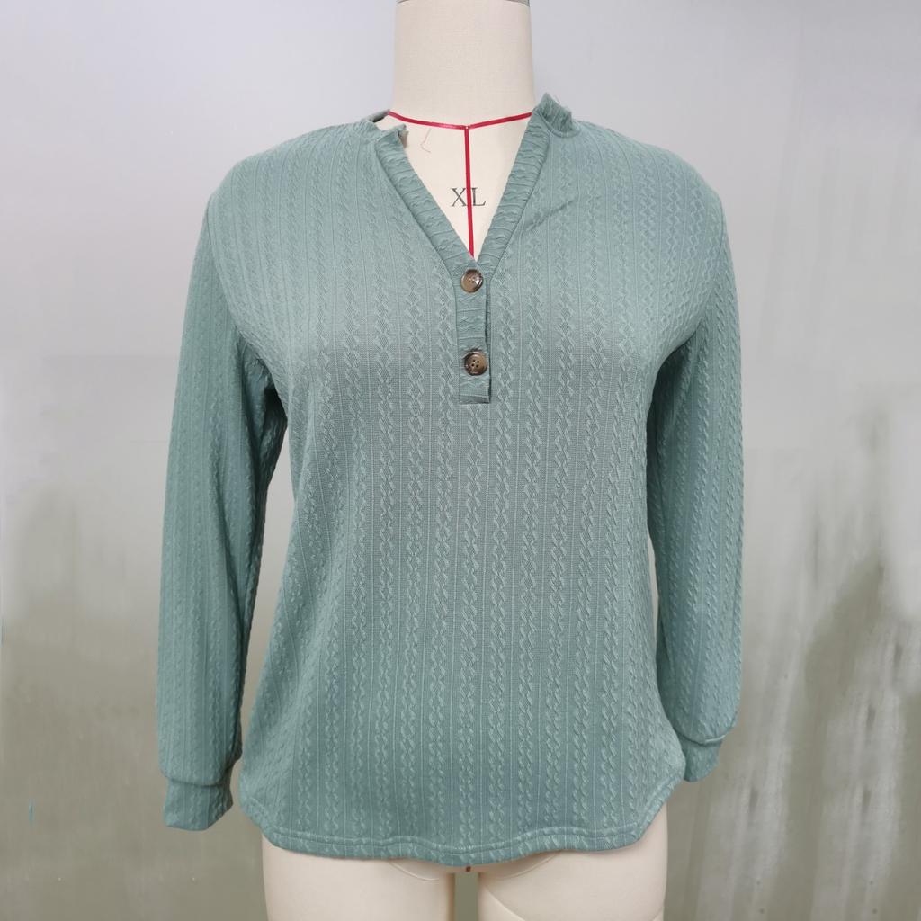 Женская мода с длинным рукавом однотонная футболка с v-образным вырезом и пуговицами повседневный топ с принтом