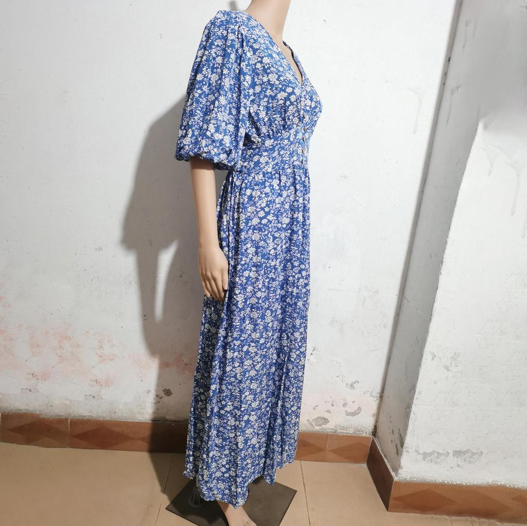 Женское весеннее короткое платье с рукавами-фонариками, цветочным принтом и V-образным вырезом, летнее повседневное платье А-силуэта длиной до щиколотки, эластичное, с высокой талией и разрезом, в стиле бохо, пляжные платья