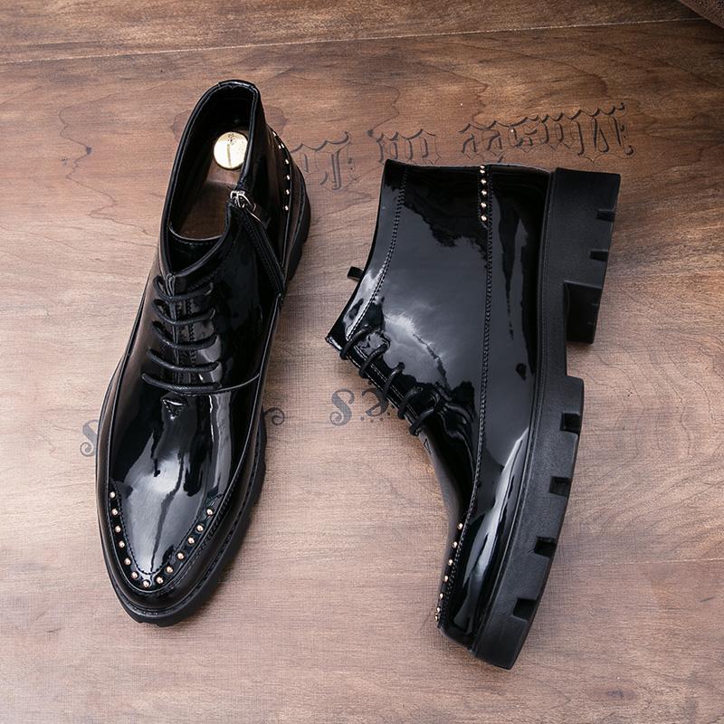 Ботинки Мужские Черные На Молнии Лакированная Кожа Толстая Подошва Обувь Европейский Молодежный Стиль Модные Ботинки Челси Размер 38-44 Мужские Ботинки