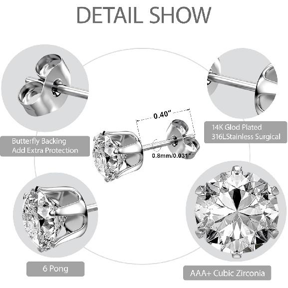 7 Pairs 18G 20G Flat Back Stud Earrings, Hypoallergenic Surgical Steel Set | 14K Gold Plated with Bonus Plum Blossom Screw Backs, CZ Sizes 2-8mm for