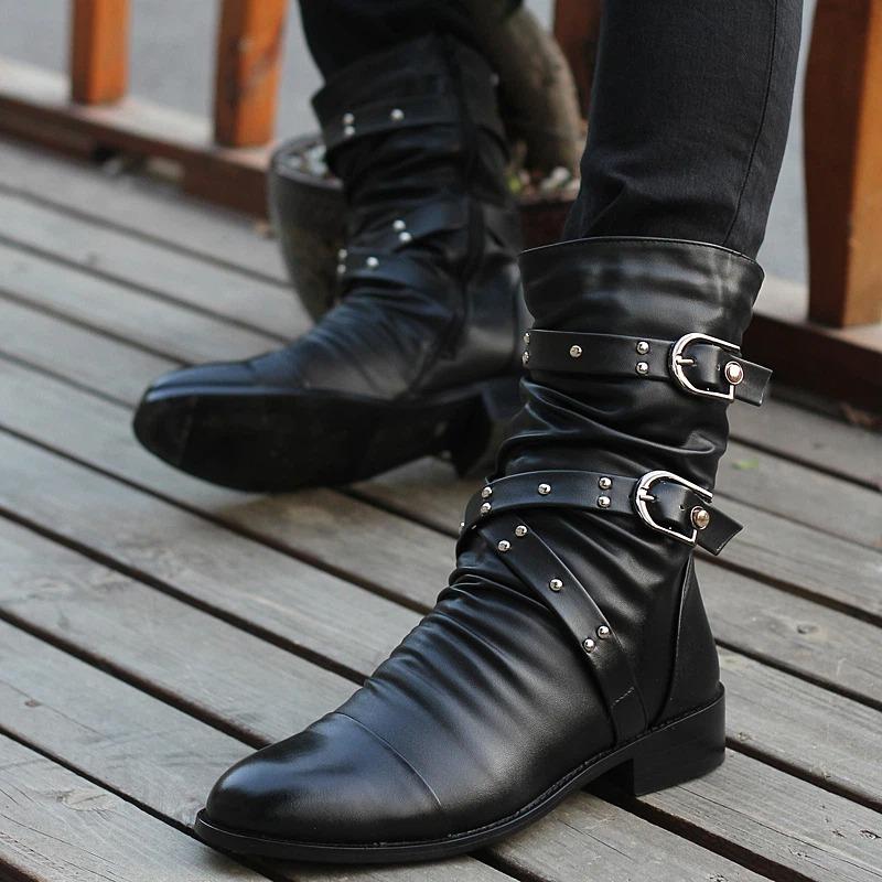 Fashion Winter Pointed Toe Men's Mid-calf Boots Buckle Strap Chelsea Boot for Men Leather Mens Motorcycle Boots High Top Man Winter Shoe