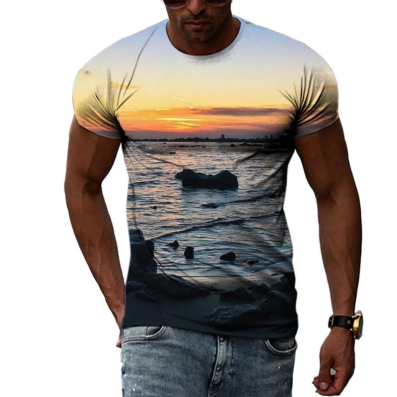 Летние пляжные пейзажи Графические футболки для мужчин Модные футболки с индивидуальным принтом Хип-хоп Harajuku Трендовые футболки с короткими рукавами