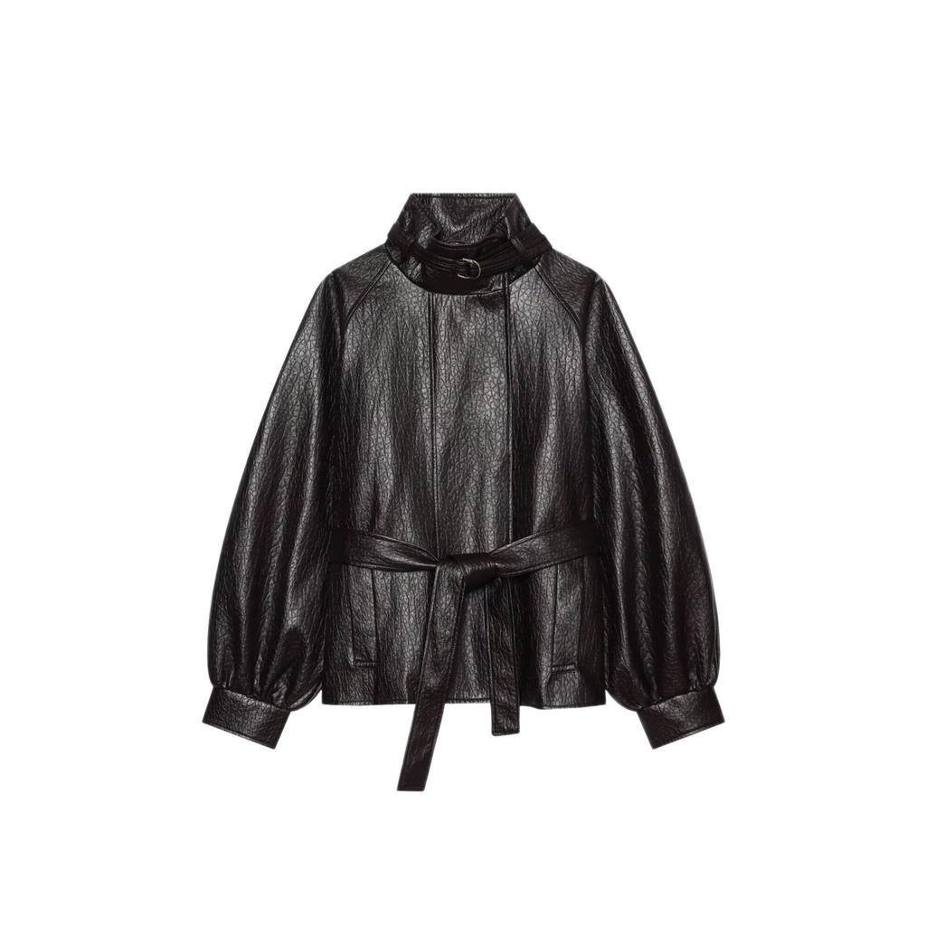 European Retro Stand Collar Buckle Slim Short Leather Jacket with Waist Belt