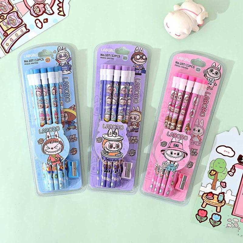 Набор из 12 мультяшных карандашей Labubu с ластиком и точилкой для карандашей, студенческие карандаши для письма и рисования, студенческие канцелярские товары, школьные принадлежности