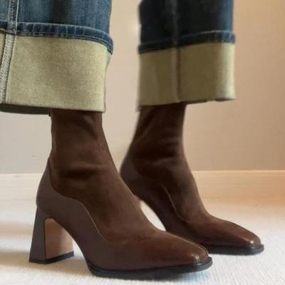 Французский винтажный комбинированный коричневый эластичный женский головной молния сзади высокий каблук короткие ботинки маленькие носки ботинки