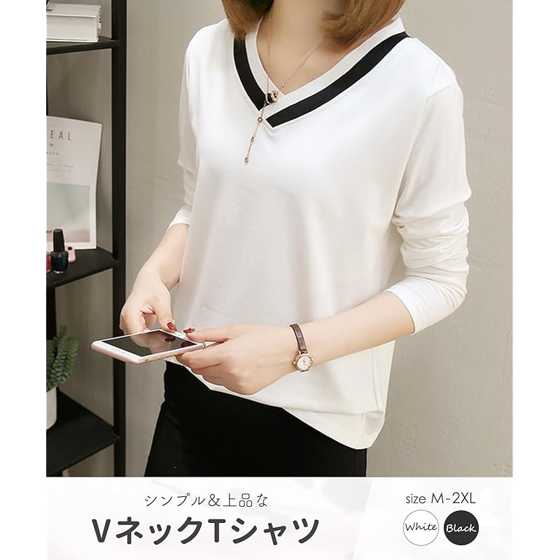 [Tunatch] Длинная футболка с V-образным вырезом, сшитая вручную, Ron T, простая, красивая, с длинным рукавом, весна-лето-осень, женская, черного цвета, большего размера, домашняя одежда с V-образным вырезом