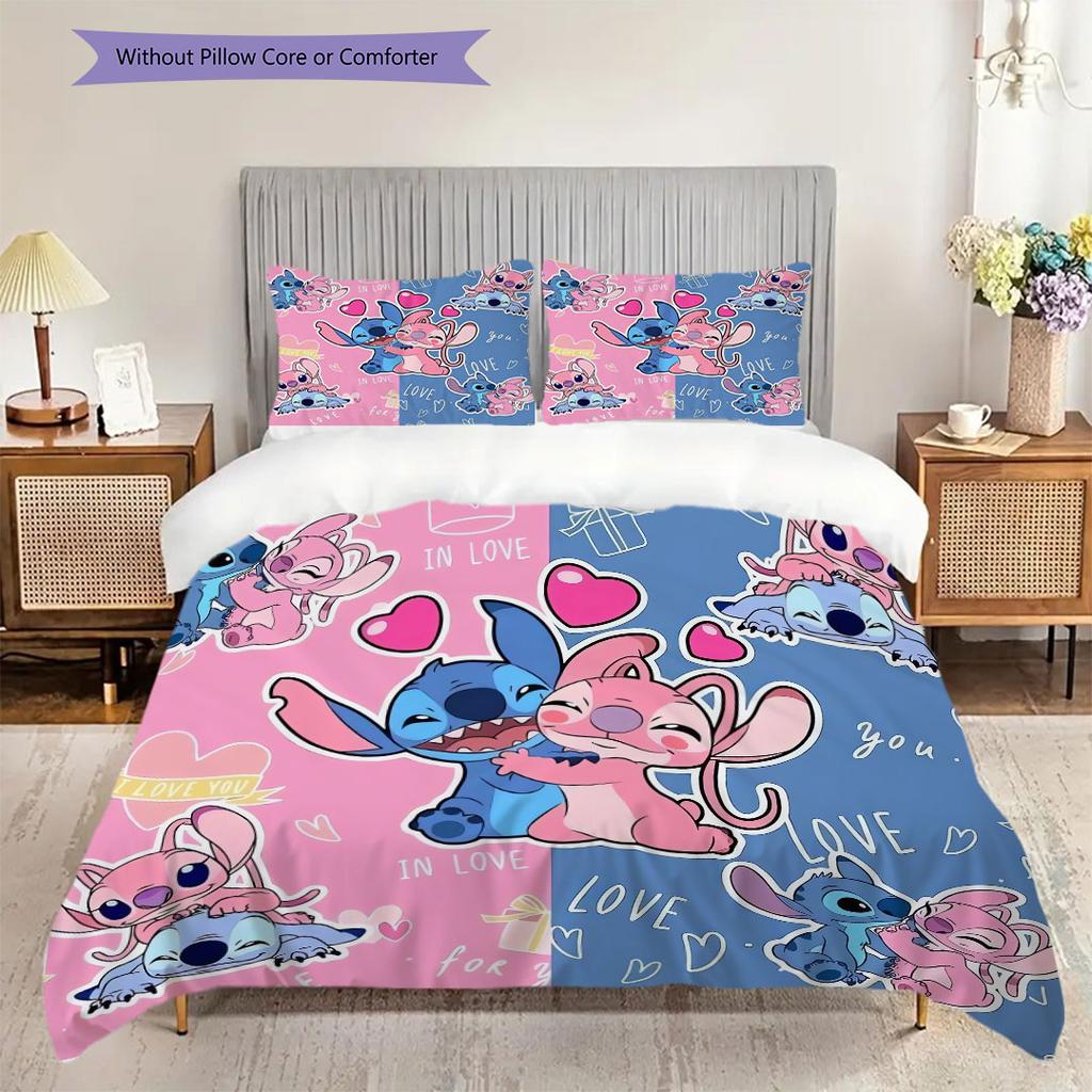 Stitch and Angels cartoon print print coreless bed sheet set(1 Duvet Cover + 2 Pillowcases), soft and comfortable.