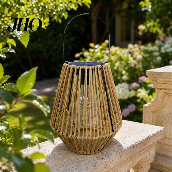 No Wiring Solar Light Rattan Woven Lantern, Outdoor Faux Light, Rustic Waterproof Ambient Lighting Powered Hanging Lantern for Garden Balcony
