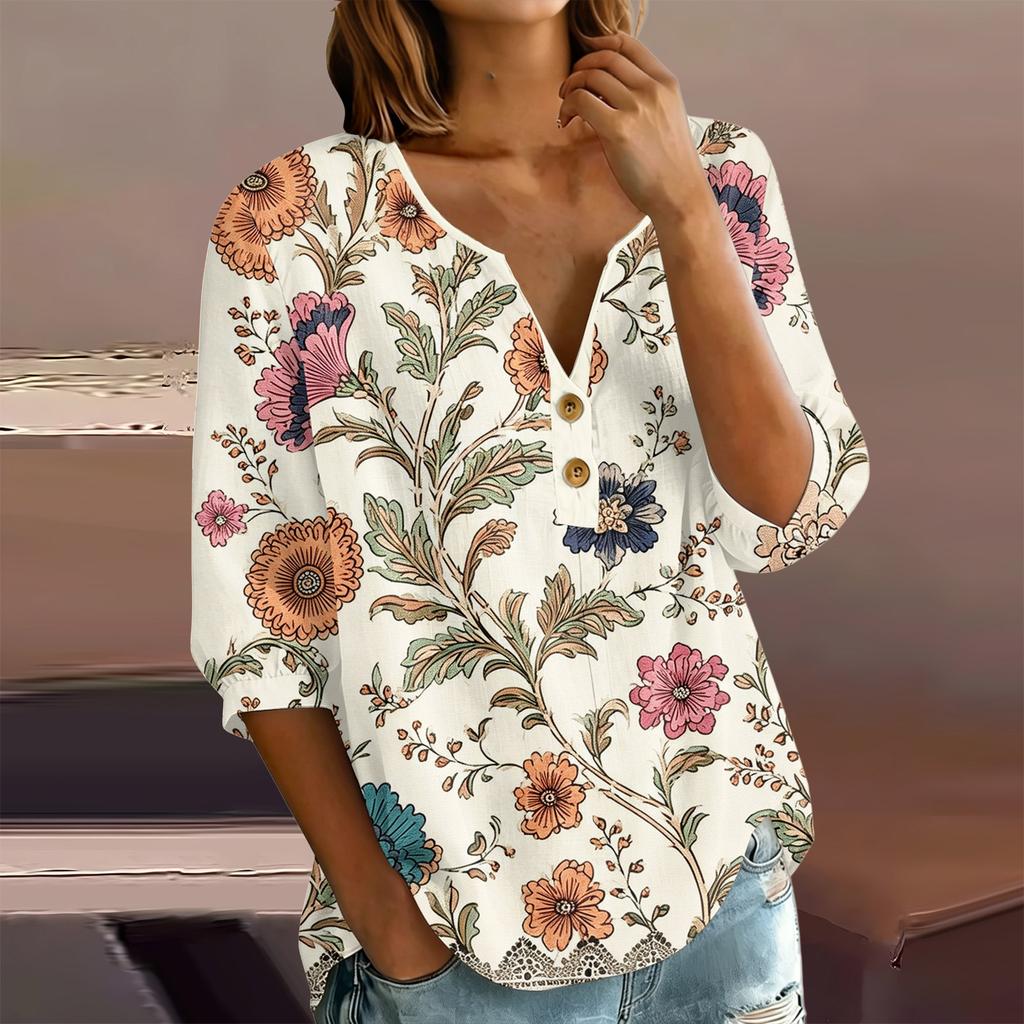 Женская блузка-henley с цветочным принтом, пуговицами спереди, рукавом три четверти, из хлопка и льна, повседневная, свободного кроя