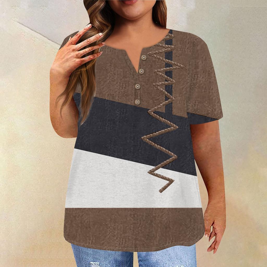 Fashion Short Sleeve Shirt Round Neck Plus Size T-Shirt Geometric Splicing Printed Casual Tops For Women