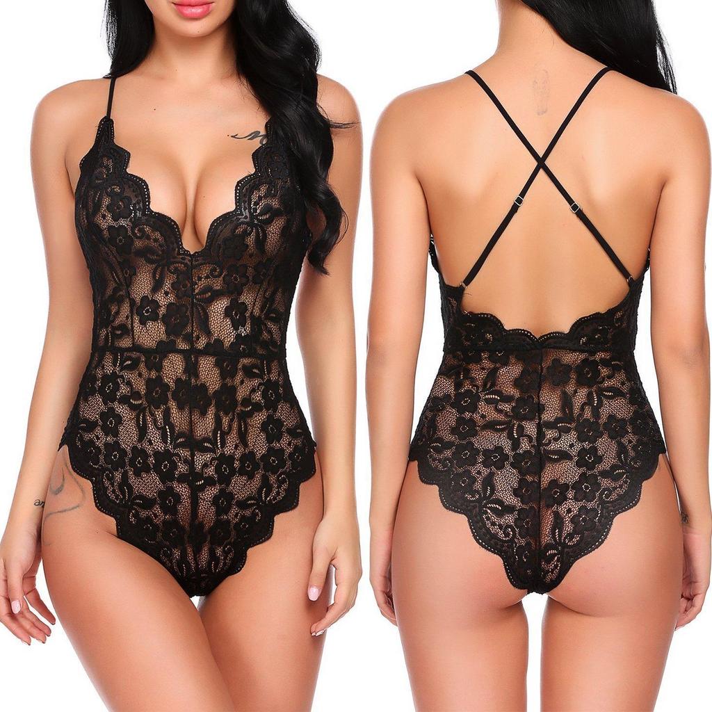 Cross-Border European & American Women's Sexy See-Through Lace Lingerie Bodysuit