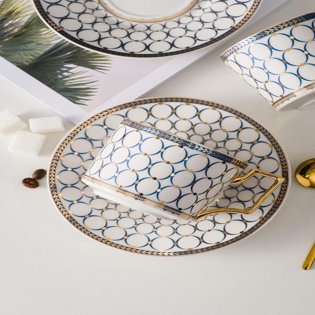 European Style White Gold Cup Set, 6.8 Oz Bone China Tea Cup with Spoon - Modern Design for Espresso, Cappuccino