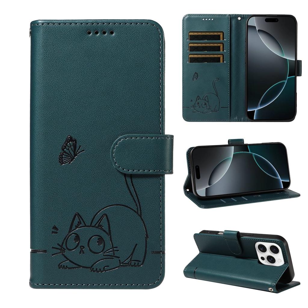 Leather Wallet Flip Case For OPPO Reno 15 Pro Max mini 15F 14 14F 13 13F 12 12F 11 11F 10 Cat and Butterfly Embossed,Wrist Strap