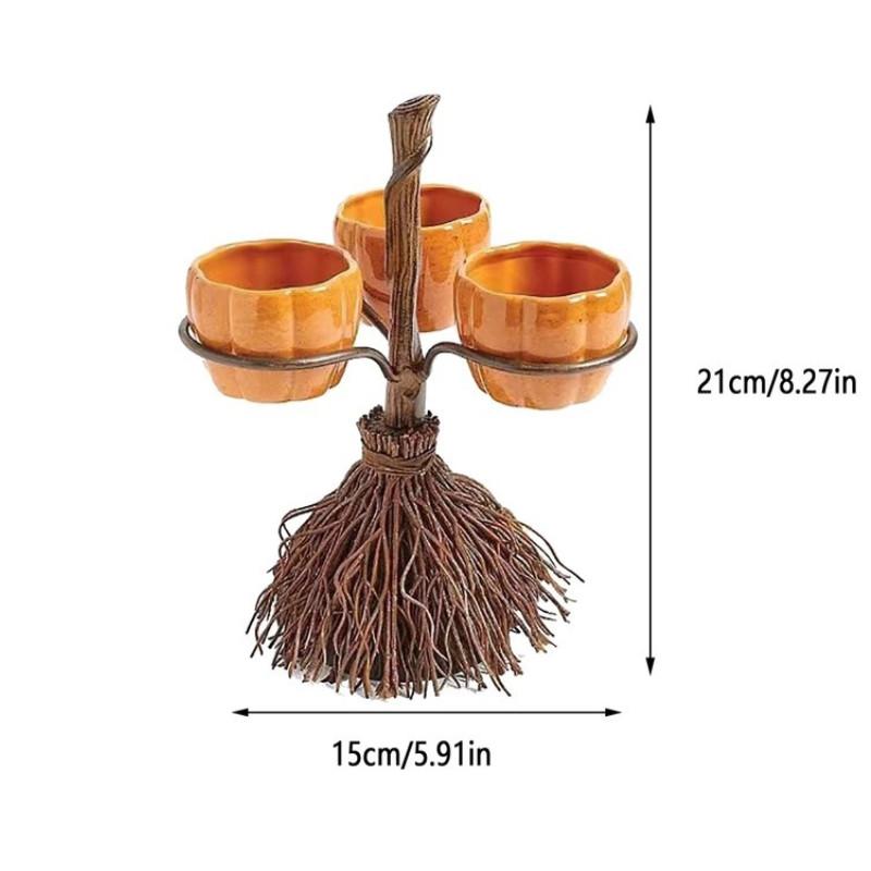 Pumpkin Halloween Snack Bowl Stand Broom Candy Holder Party Serving Fruit Salad