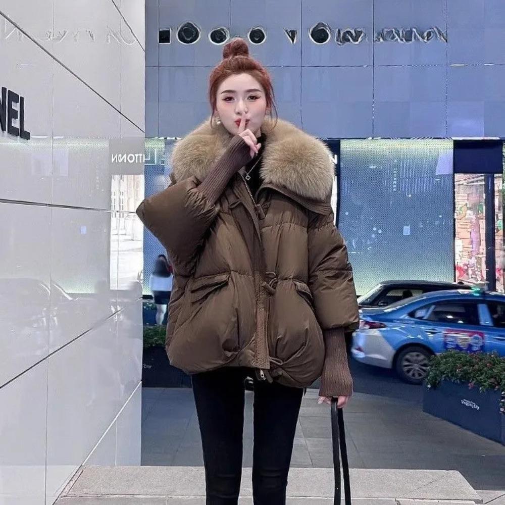 Женская пуховая куртка Зимняя мода Утолщенная Корейская версия Короткая Свободная Меховой воротник Пуховик Пуховик