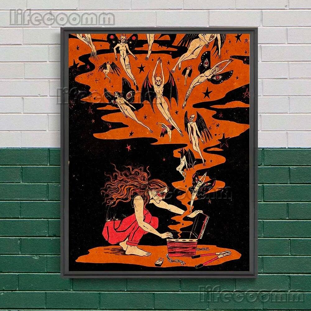 Таинственный ужасный змей и сундук с сокровищами ведьмы, настенная живопись на холсте, абстрактное языческое колдовство, элемент, печать плаката, без рамки