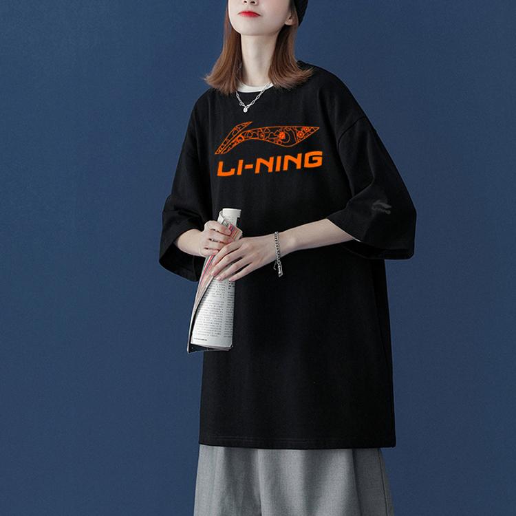 Li Ning большой логотип напечатан круглый вырез свитер короткий рукав футболка унисекс топы черный AHSSD99-2