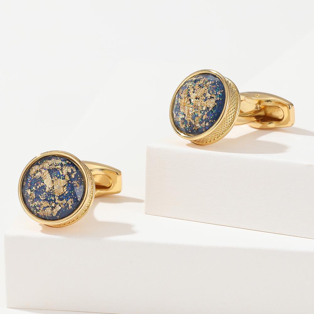 Men's Round Gold Cufflinks with Colorful Pattern - Light Luxury Shirt Accessories, In Stock