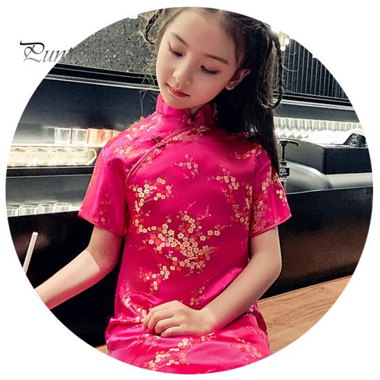 Платье Cheongsam для девочек, маленькое зимнее платье с цветочным рисунком и короткими рукавами, воротник-стойка на молнии, винтажное детское длинное платье миди Ципао в китайском стиле на Новый год, принцесса