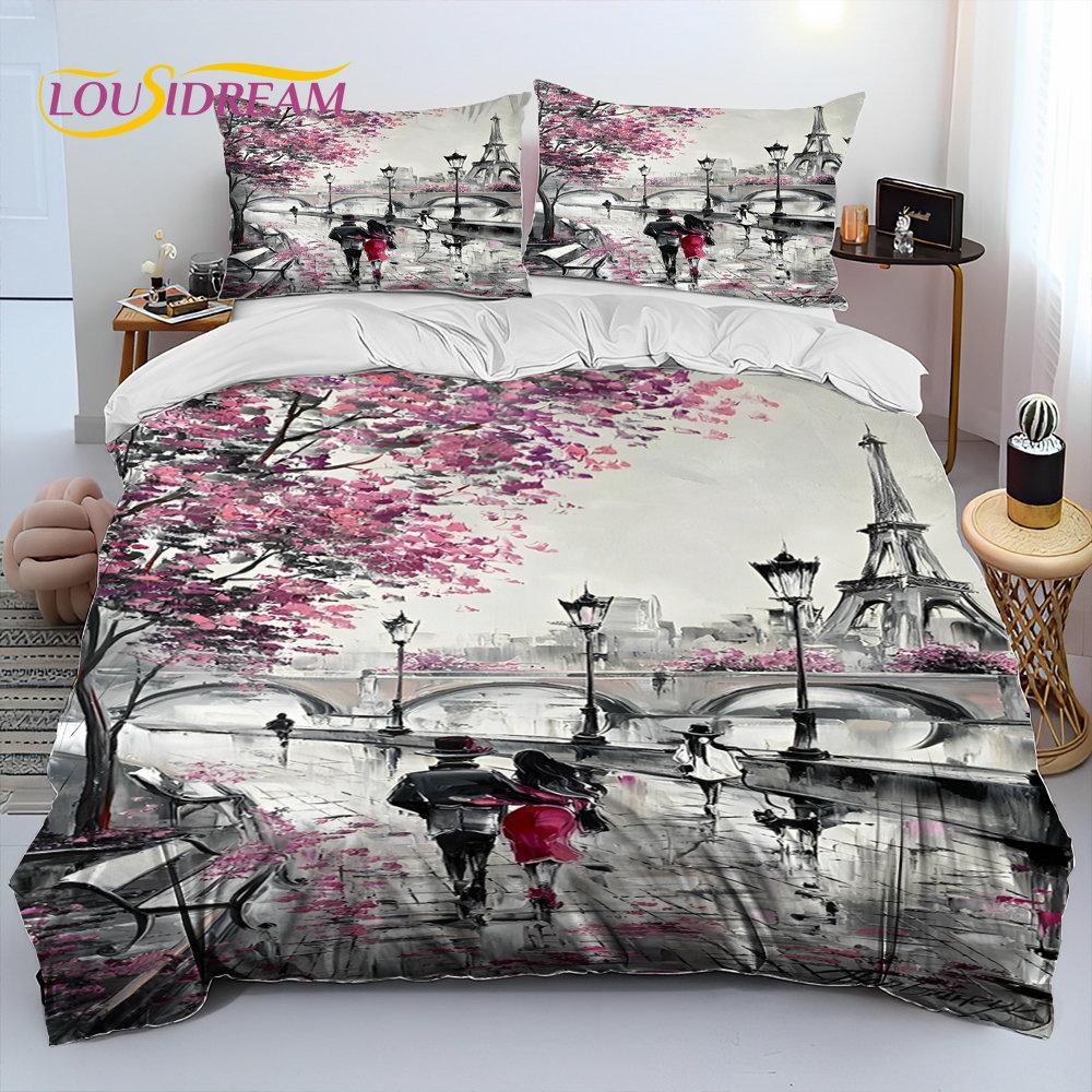 France Paris Eiffel Tower Comforter Bedding Set,Duvet Cover Bed Set Quilt Cover Pillowcase,King Queen Size Bedding Set Kid Adult