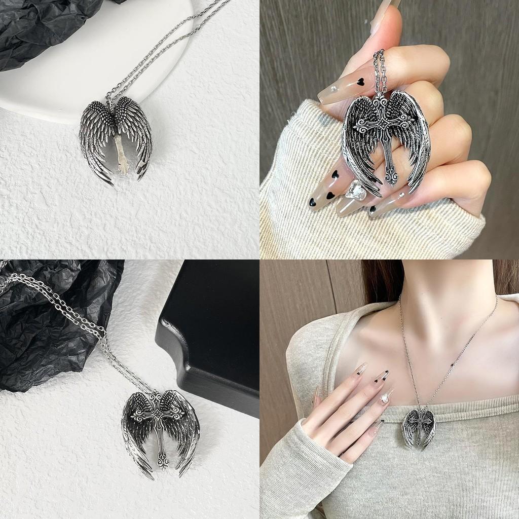 Стильное ожерелье с крестом и крыльями ангела из сплава для модных любителей панка и ретро