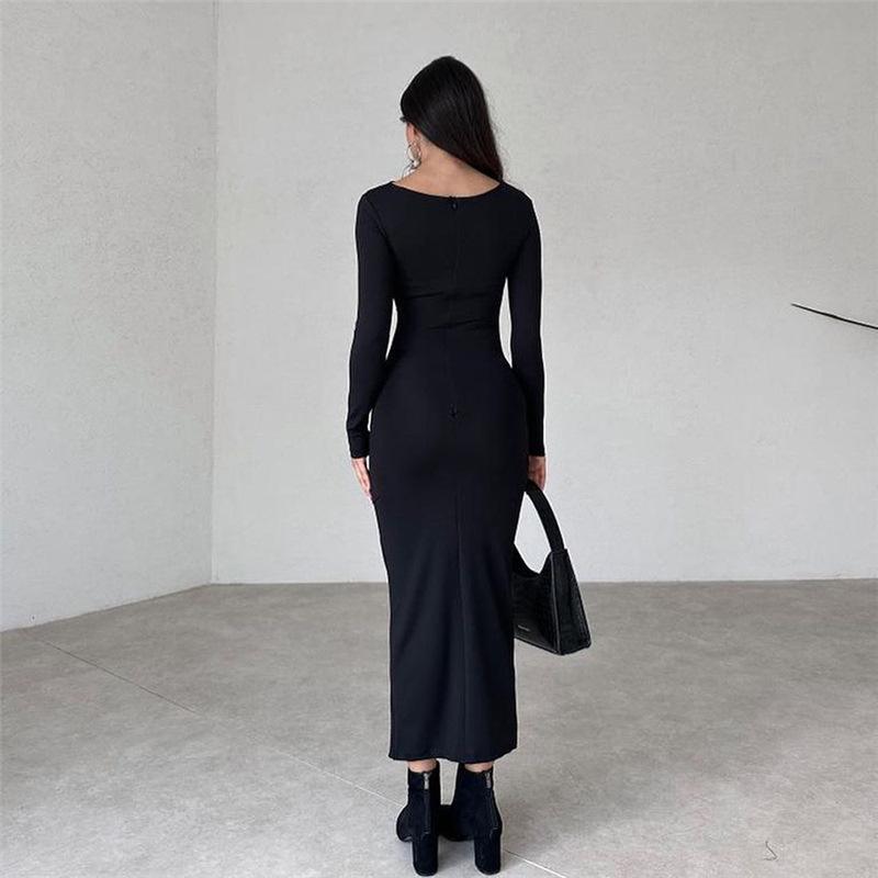 New Autumn and Winter Women's Fashion Round Neck Long Sleeve Slim Fit Hip Solid Color Temperament Dress