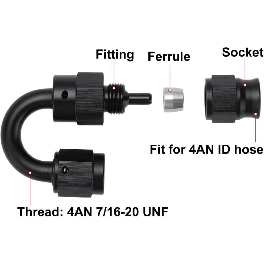 4AN PTFE Hose End Fitting 180 Degree Elbow Swivel Aluminum Black