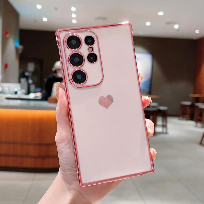 Solid Color Love Heart Print Slim Case For Samsung Galaxy S25 Ultra S24 FE S23 S22 S21 A16 A55 A15 A35 A25 A14 Plating TPU Soft Shockproof Phone Cover