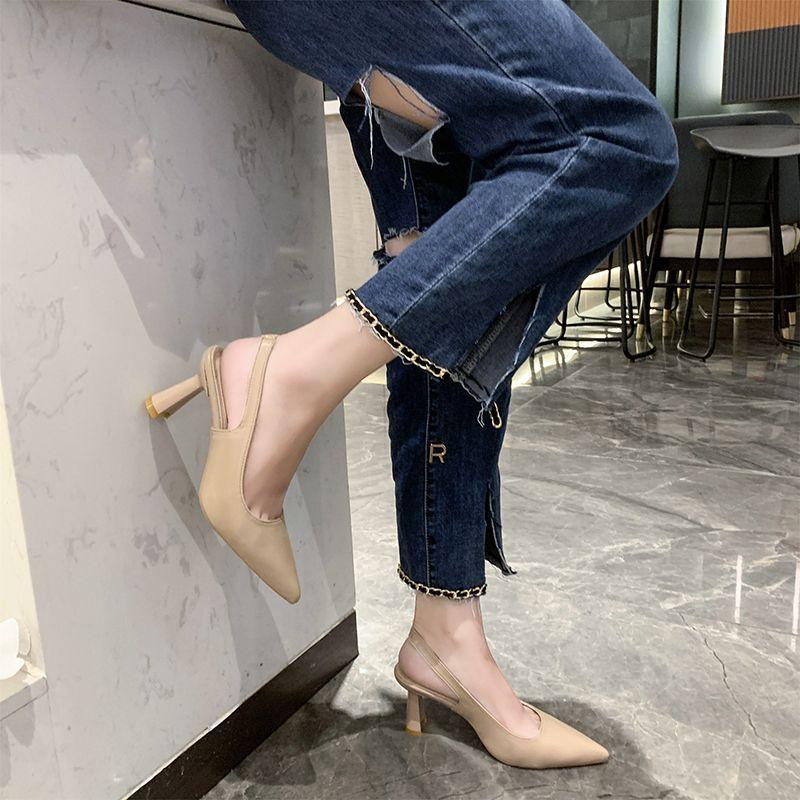 2025 Summer New French Pointed Head Bag Head Empty Single Shoes Women's One-word Buckle Sandals Women's Fashion High Heels Women