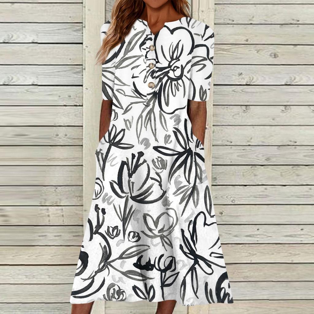 Women's Summer Casual Printed V-Neck Short-Sleeve Swing Dress