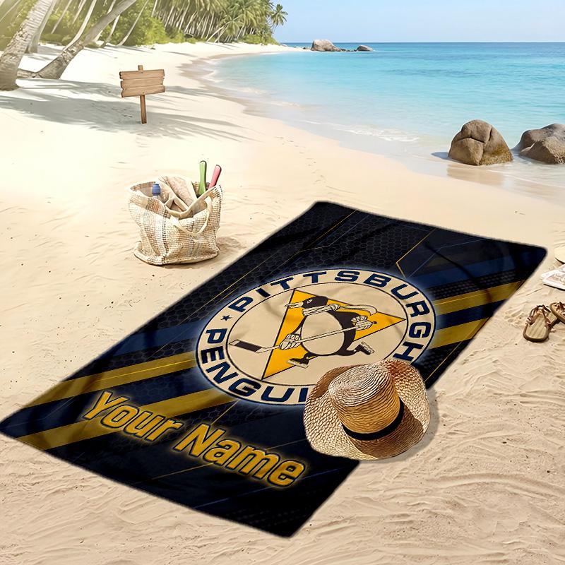 Pittsburgh Penguins Custom Beach Towel, Print Your Name Text Lightweight Absorbent Towel for Swimming Travel