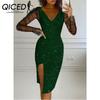 Autumn Winter Women's Sequin V-neck Wrap Hip Sexy Gauze Dress Women