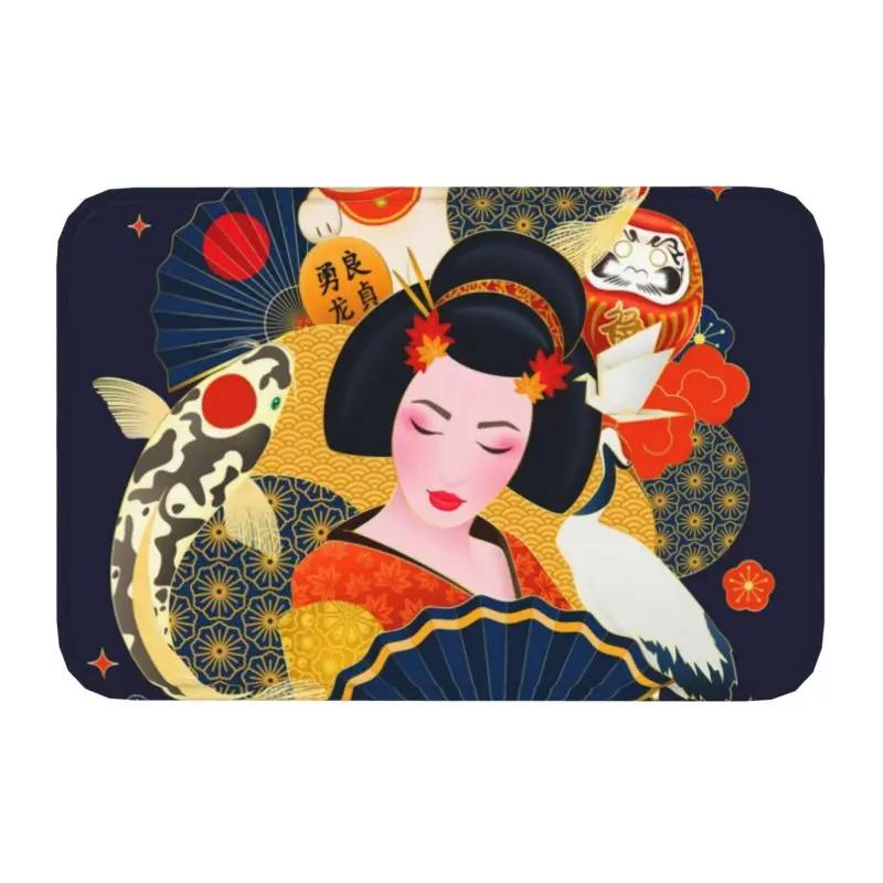 Custom Kawaii Maneki Neko Lucky Cat Doormat Non-Slip Entrance Bath Kitchen Floor Door Mat Japanese Geisha Art Garden Carpet Rug