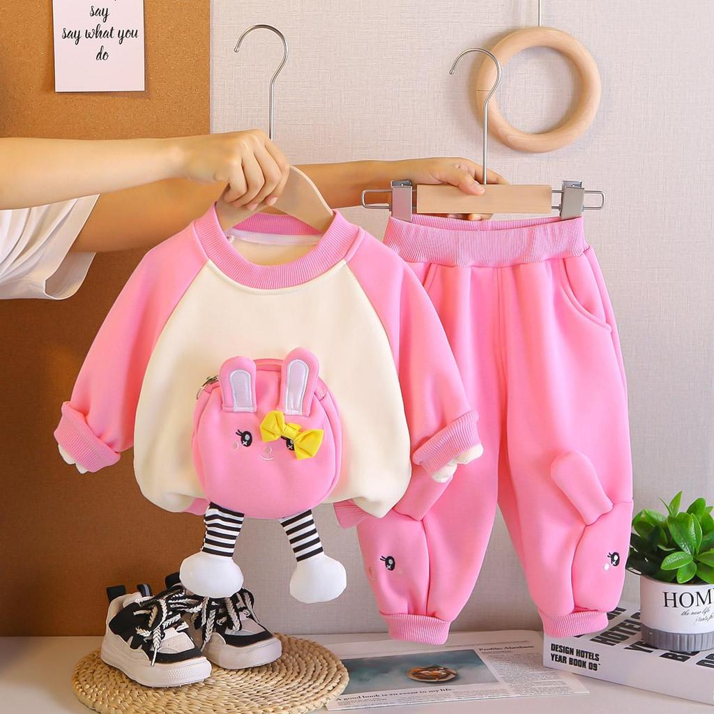 Комплект из 2 предметов с длинным рукавом для девочек 0-5 лет, Милое флисовое худи с карманом для девочек, повседневные брюки, Детская одежда высокого качества