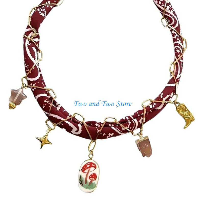 HX6F Fashionable Necklace For Stylish Ladies Multi Pendant Fabric Stainless Steel