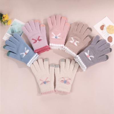 Ins Girly Heart Bow Plush Fingered Перчатки Студенческие Велосипедные Теплые Плюс Бархатные Утолщенные Сенсорные Экранные Трикотажные Перчатки